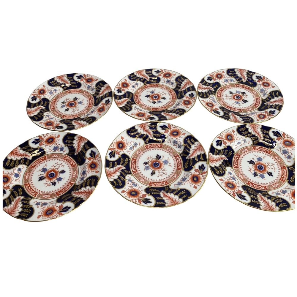 Royal Crown Derby Battersea Plates Set of 6 England Floral Cobalt Imari Luncheon